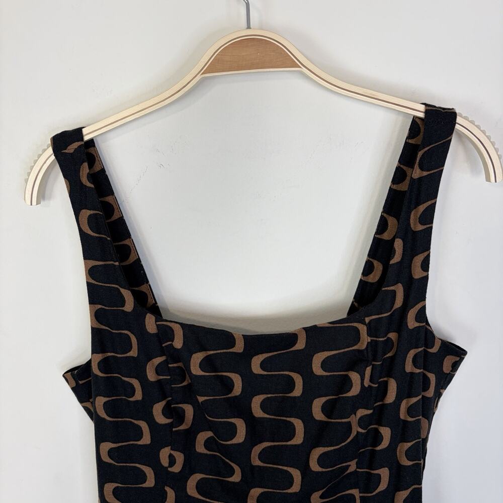 Christian Lacroix Linen Blend A-Line Square Neck Midi Dress 8 Black Tan Retro - Picture 7 of 12
